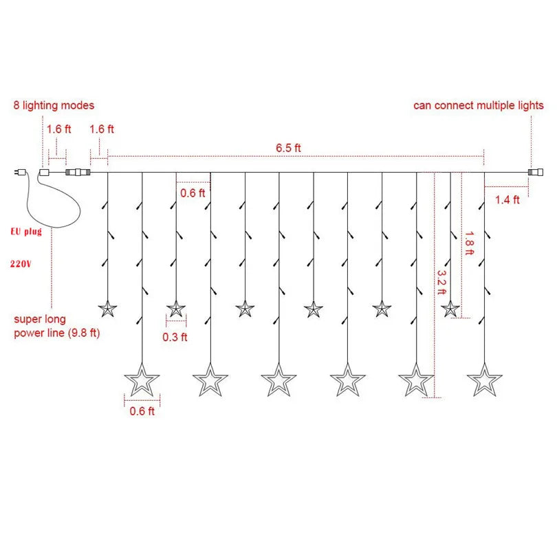 Christmas Lights Outdoor Indoor 4.5M Star Curtain String Light 138 LED Lamp with 8 Flashing Modes Decoration for Wedding Home