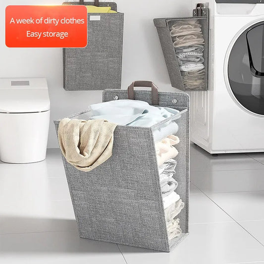 1pc Foldable Adhesive Laundry Basket Hamper, Multifunctional Punch Free Wall Hanging Washing Clothes Mesh Hook Organizer