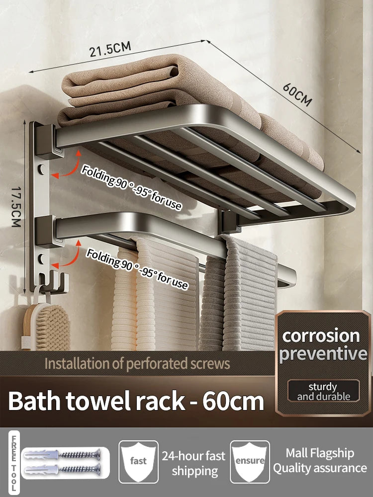Upgrade And Thicken Grey/Black 50CM-60CM Folding Aluminum Towel Rack Holder With Hook Towel Holder