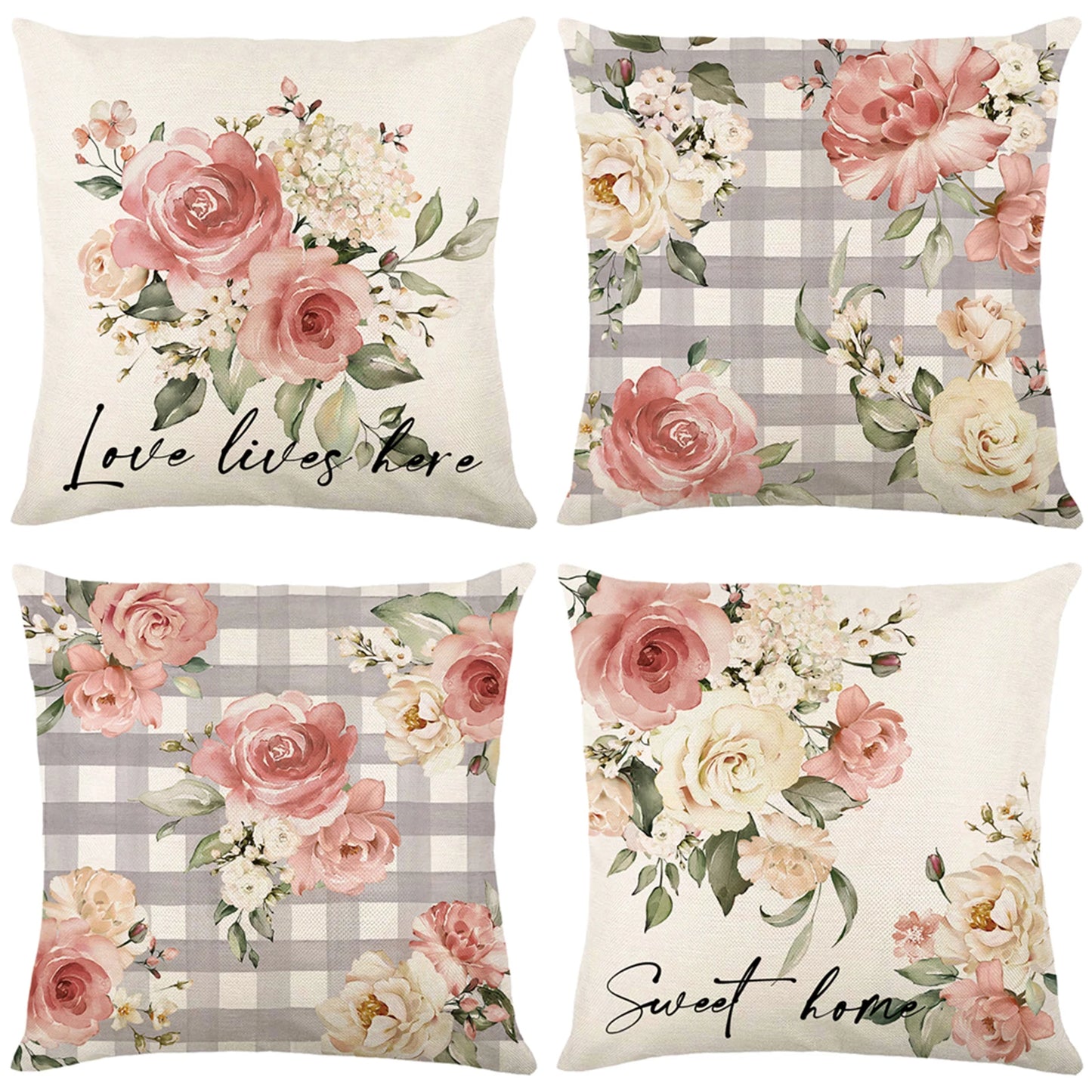 4Pcs Floral Throw Pillow Cases Square Linen Waist Protection Cushion Cover Bed Sofa Pillow Covers Home Decor Pillowcases 45x45CM