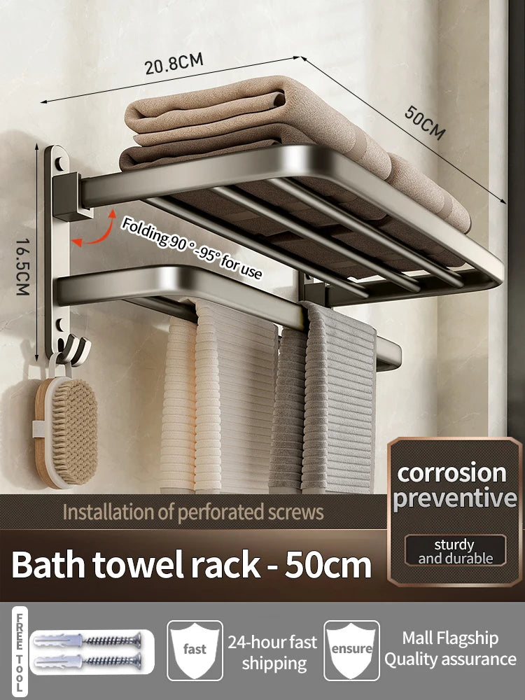 Upgrade And Thicken Grey/Black 50CM-60CM Folding Aluminum Towel Rack Holder With Hook Towel Holder