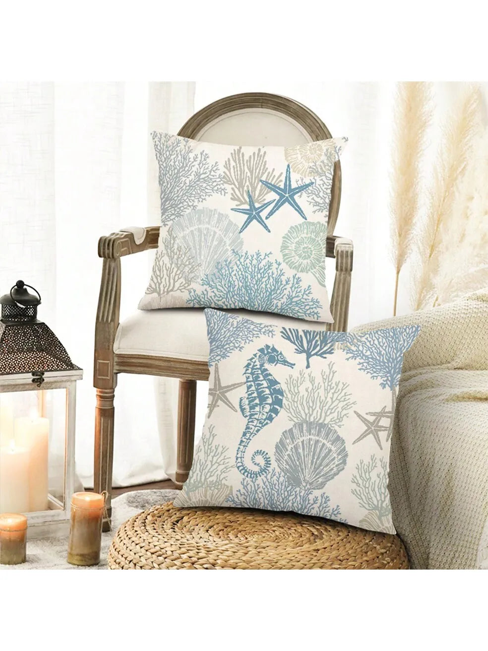 Beach themed marine shell coral starfish, single-sided burlap print pillow case, sofa decorative pillow case