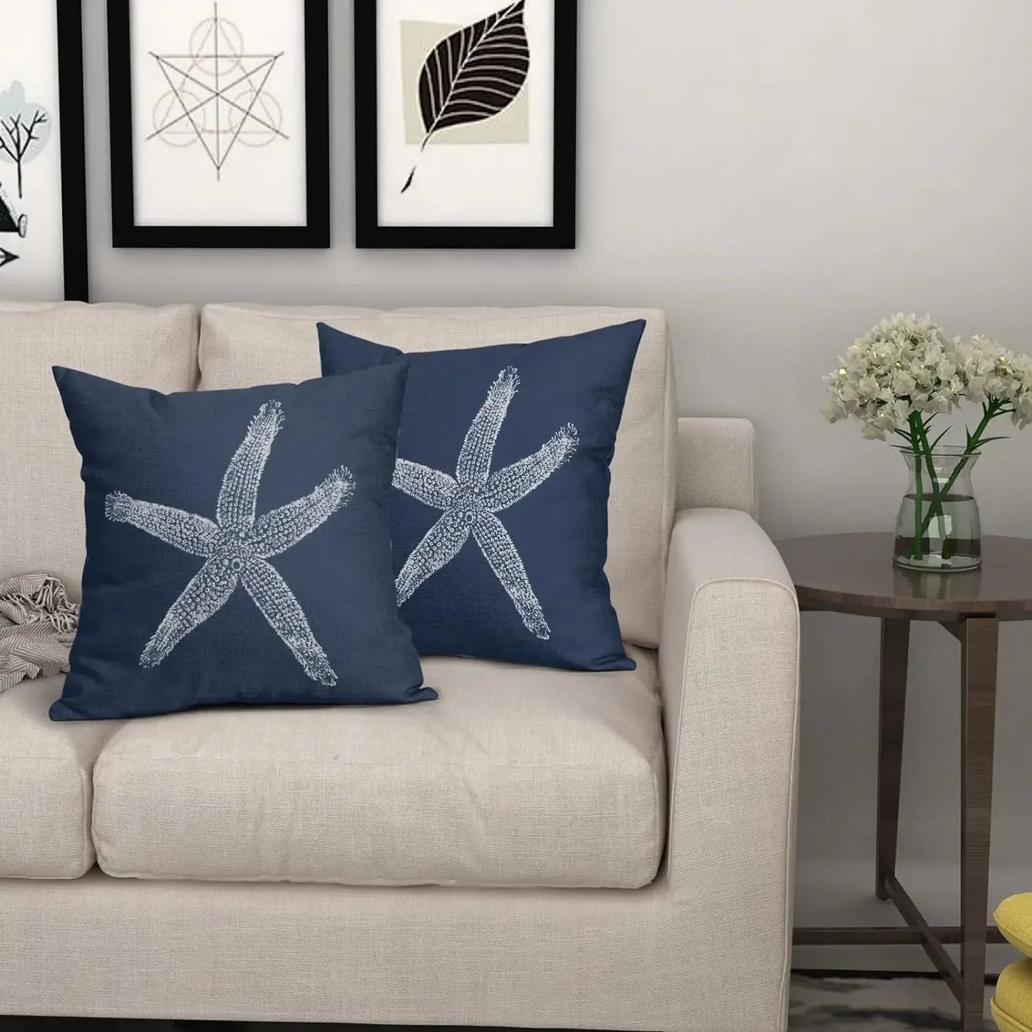 2 Pcs Navy Blue Starfish Pillow Covers 18X18 Inch Coastal Beachy Nautical Beach Decorative Pillowcases Linen Square Cushion Case