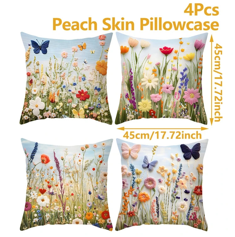 4pcs 45x45cm Summer Sunflower Butterfly Pillow Case Summer Flower Cushion Cover For Family Home Sofa Summer Decoration