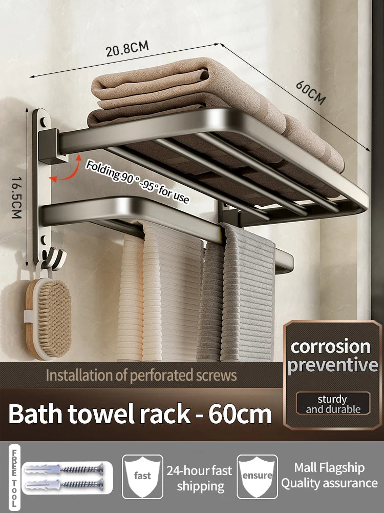 Upgrade And Thicken Grey/Black 50CM-60CM Folding Aluminum Towel Rack Holder With Hook Towel Holder