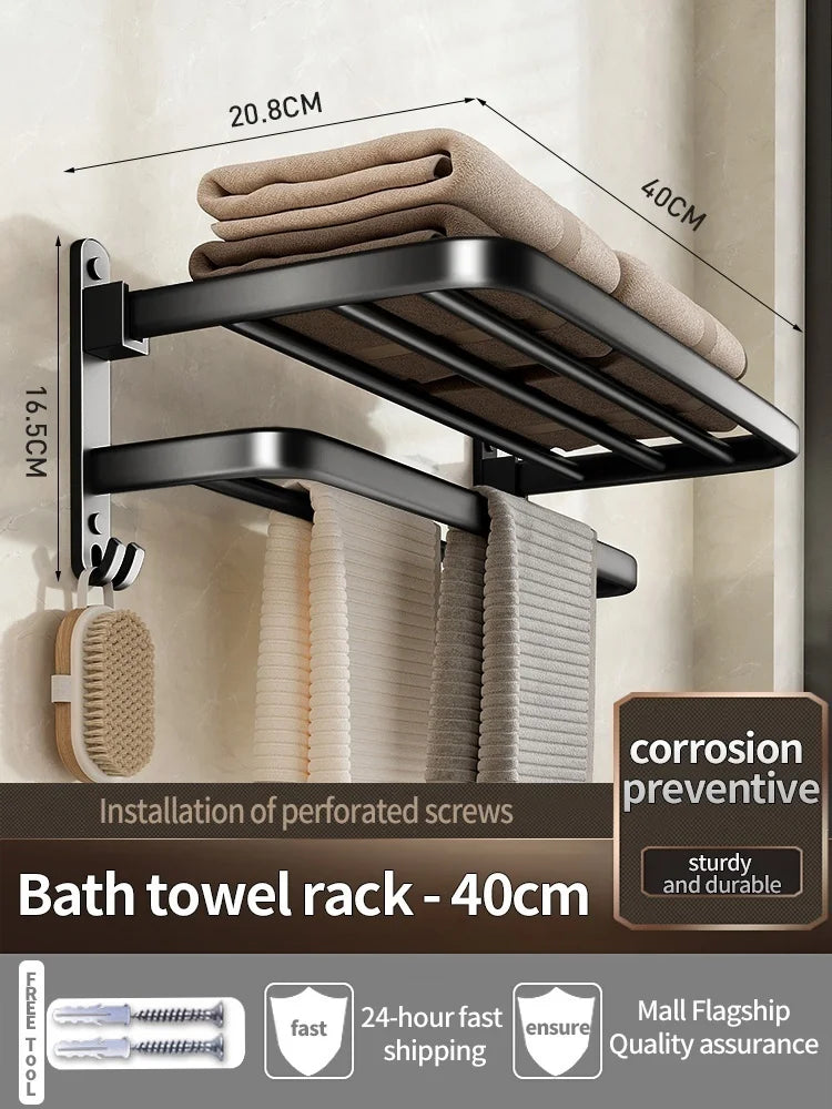 Upgrade And Thicken Grey/Black 50CM-60CM Folding Aluminum Towel Rack Holder With Hook Towel Holder