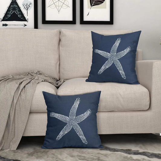 2 Pcs Navy Blue Starfish Pillow Covers 18X18 Inch Coastal Beachy Nautical Beach Decorative Pillowcases Linen Square Cushion Case