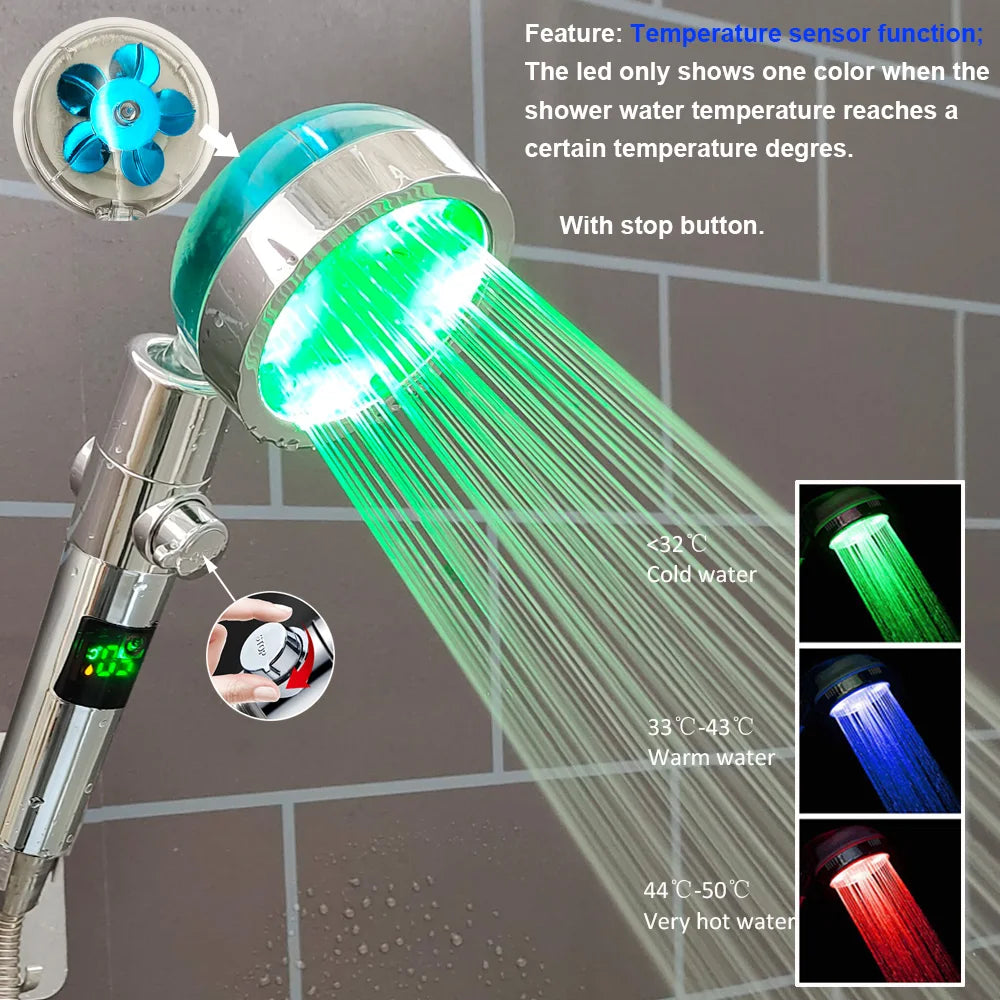 High Pressure Led Shower Head One Key Stop Button Digital Display Screen Black Handheld Shower Temperature Sensor Shower Head