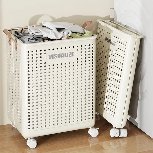 Folding Dirty Clothes Basket with Wheels Movable Laundry Hamper Storage Baskets Bathroom Large Capacity Dirty Clothes Basket