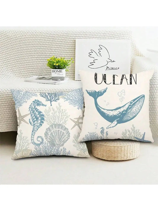 Beach themed marine shell coral starfish, single-sided burlap print pillow case, sofa decorative pillow case