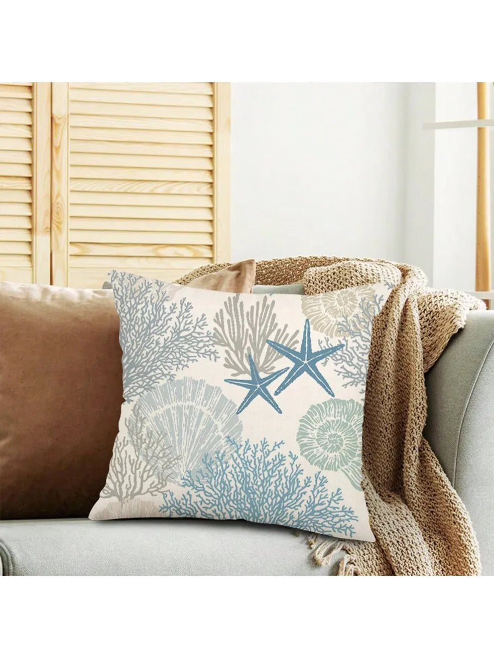 Beach themed marine shell coral starfish, single-sided burlap print pillow case, sofa decorative pillow case