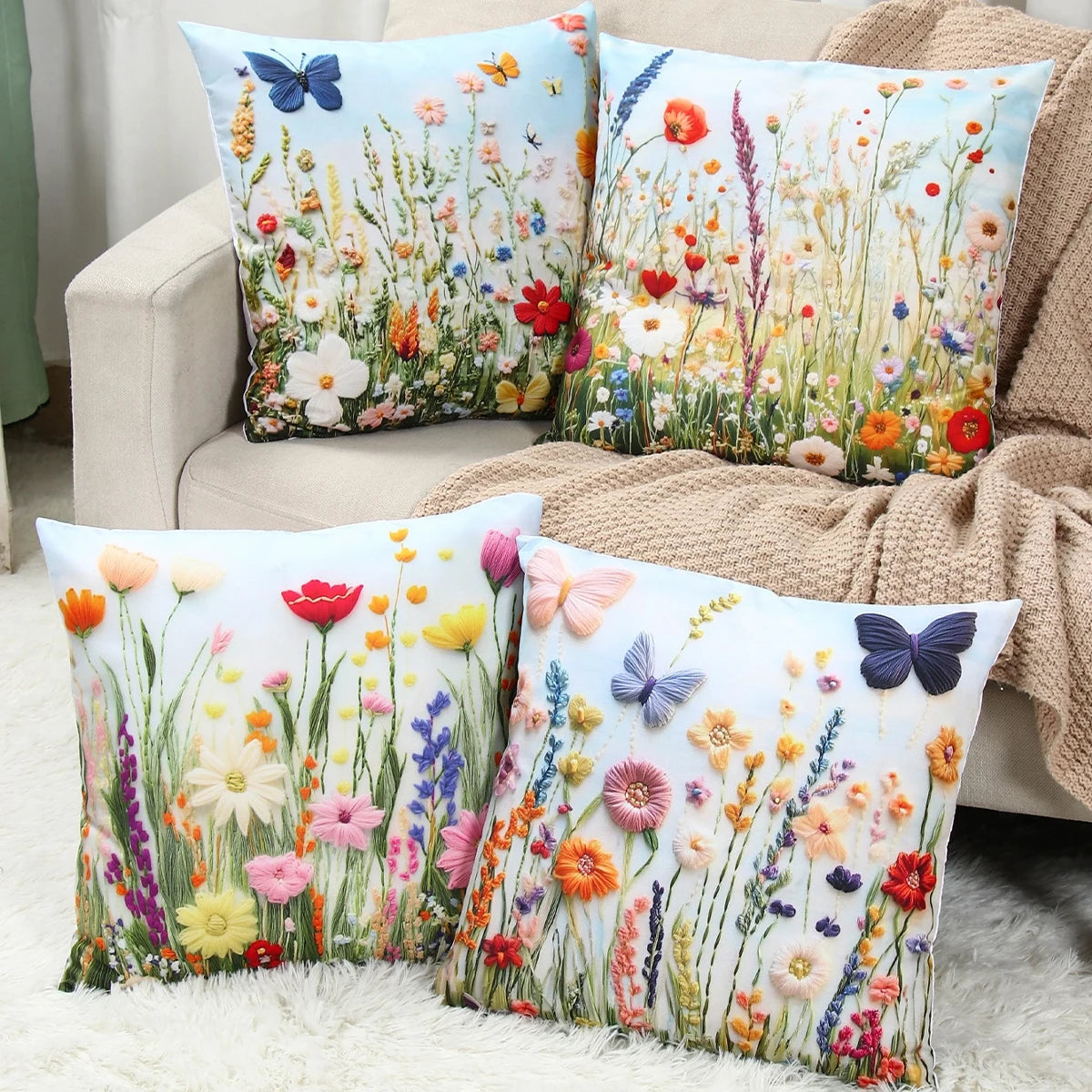 4pcs 45x45cm Summer Sunflower Butterfly Pillow Case Summer Flower Cushion Cover For Family Home Sofa Summer Decoration