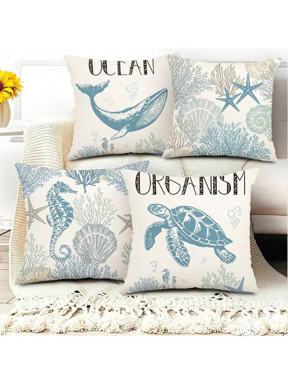 Beach themed marine shell coral starfish, single-sided burlap print pillow case, sofa decorative pillow case