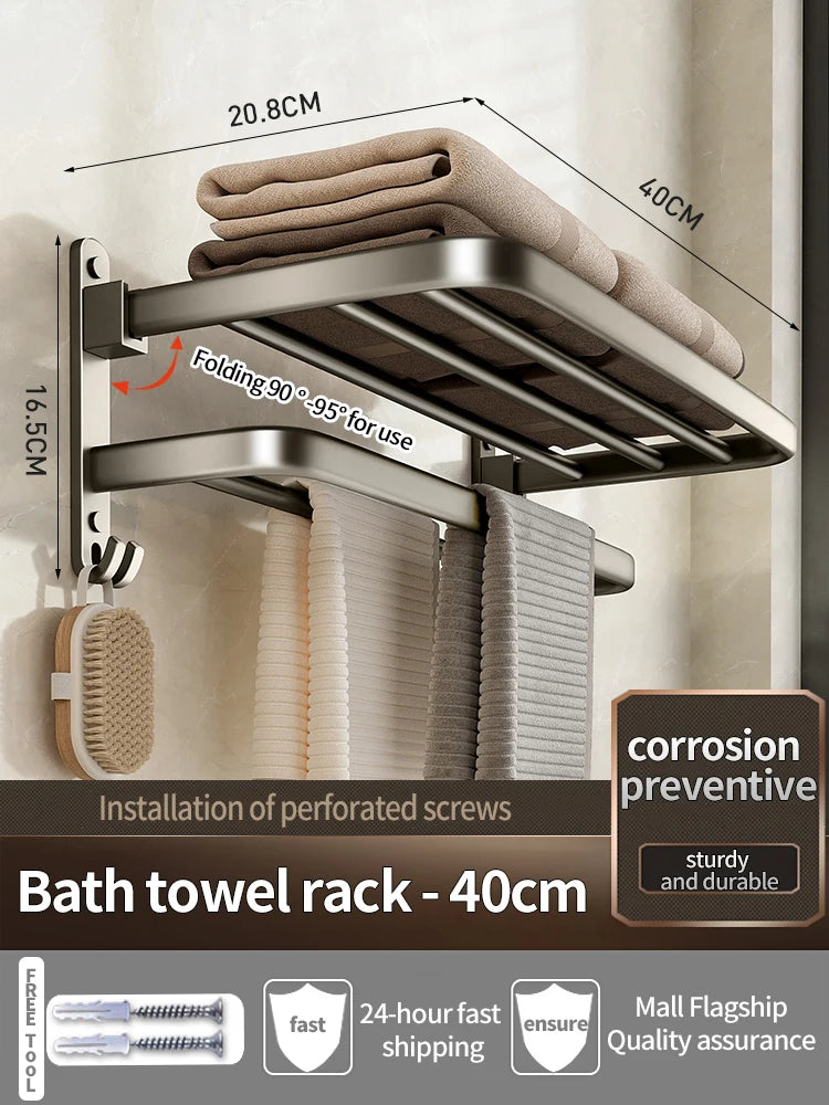 Upgrade And Thicken Grey/Black 50CM-60CM Folding Aluminum Towel Rack Holder With Hook Towel Holder