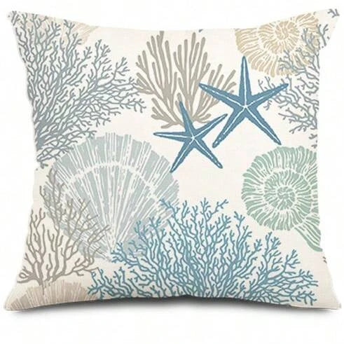 Beach themed marine shell coral starfish, single-sided burlap print pillow case, sofa decorative pillow case
