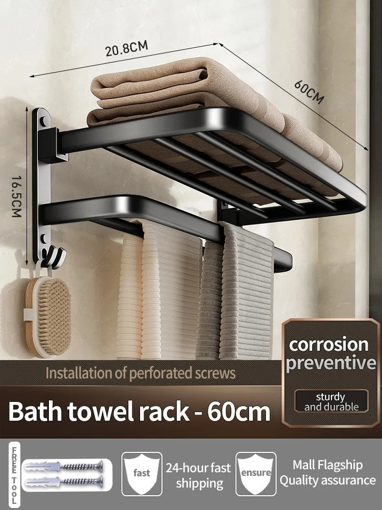 Upgrade And Thicken Grey/Black 50CM-60CM Folding Aluminum Towel Rack Holder With Hook Towel Holder