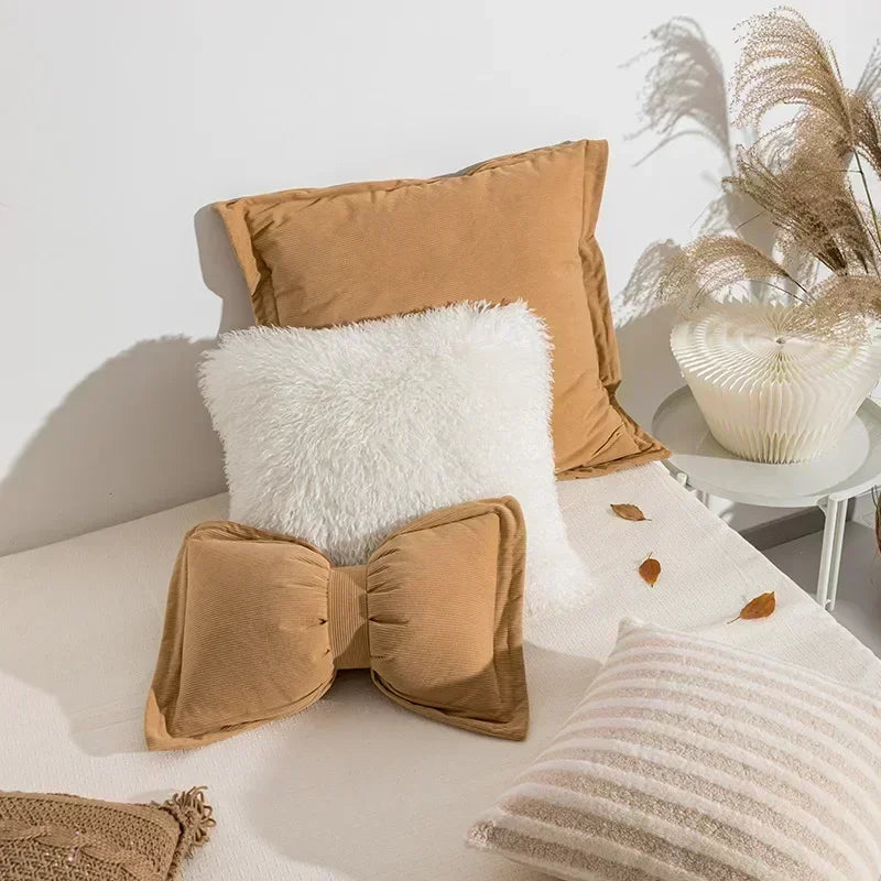 Ins Cute Bow Cushion Solid Color Princess Seat Chair Cushion Sofa Decorative Throw Pillows Pompom Cushions