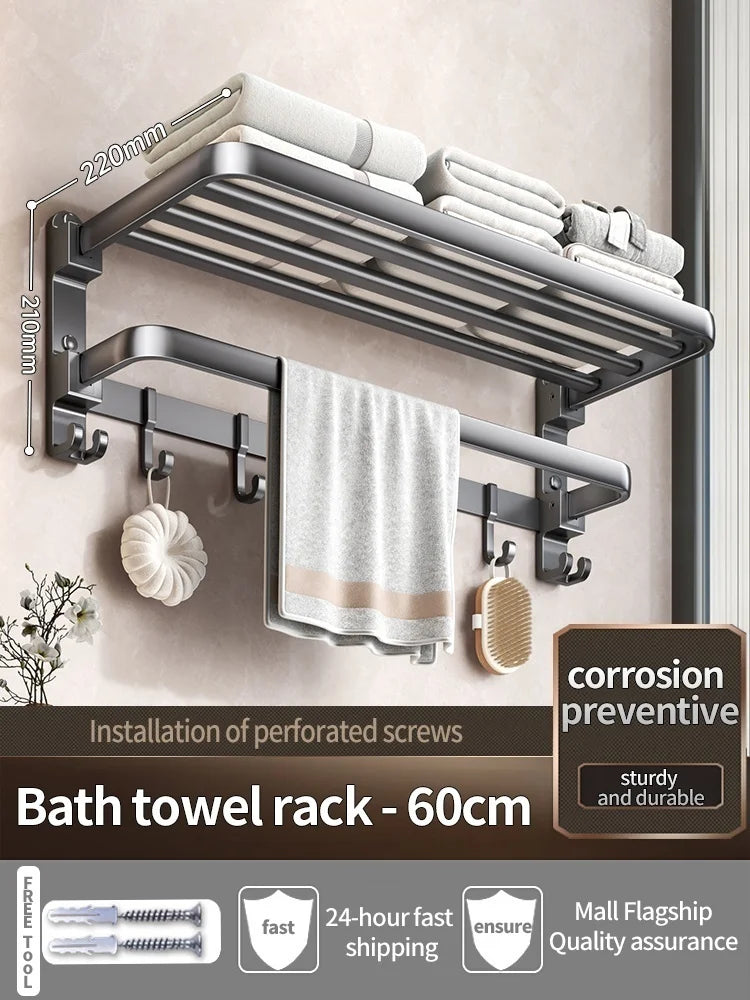 Upgrade And Thicken Grey/Black 50CM-60CM Folding Aluminum Towel Rack Holder With Hook Towel Holder