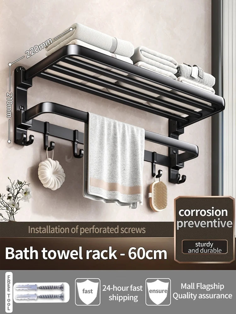 Upgrade And Thicken Grey/Black 50CM-60CM Folding Aluminum Towel Rack Holder With Hook Towel Holder