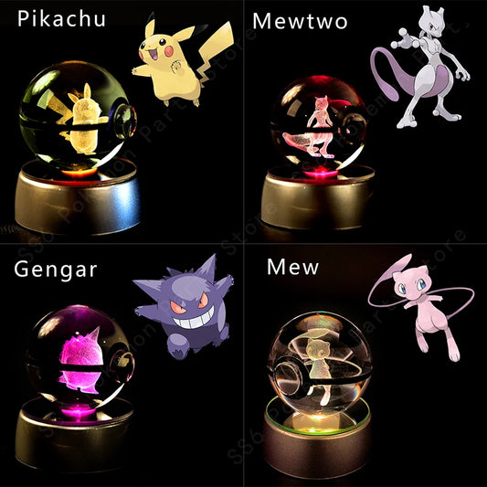 Pokemon Crystal Ball 3D Pikachu Gengar Mewtwo Night Light Lamp Pokeball 3D Glass Pokemon Crystal Ball Statue Kids Birthday Gift