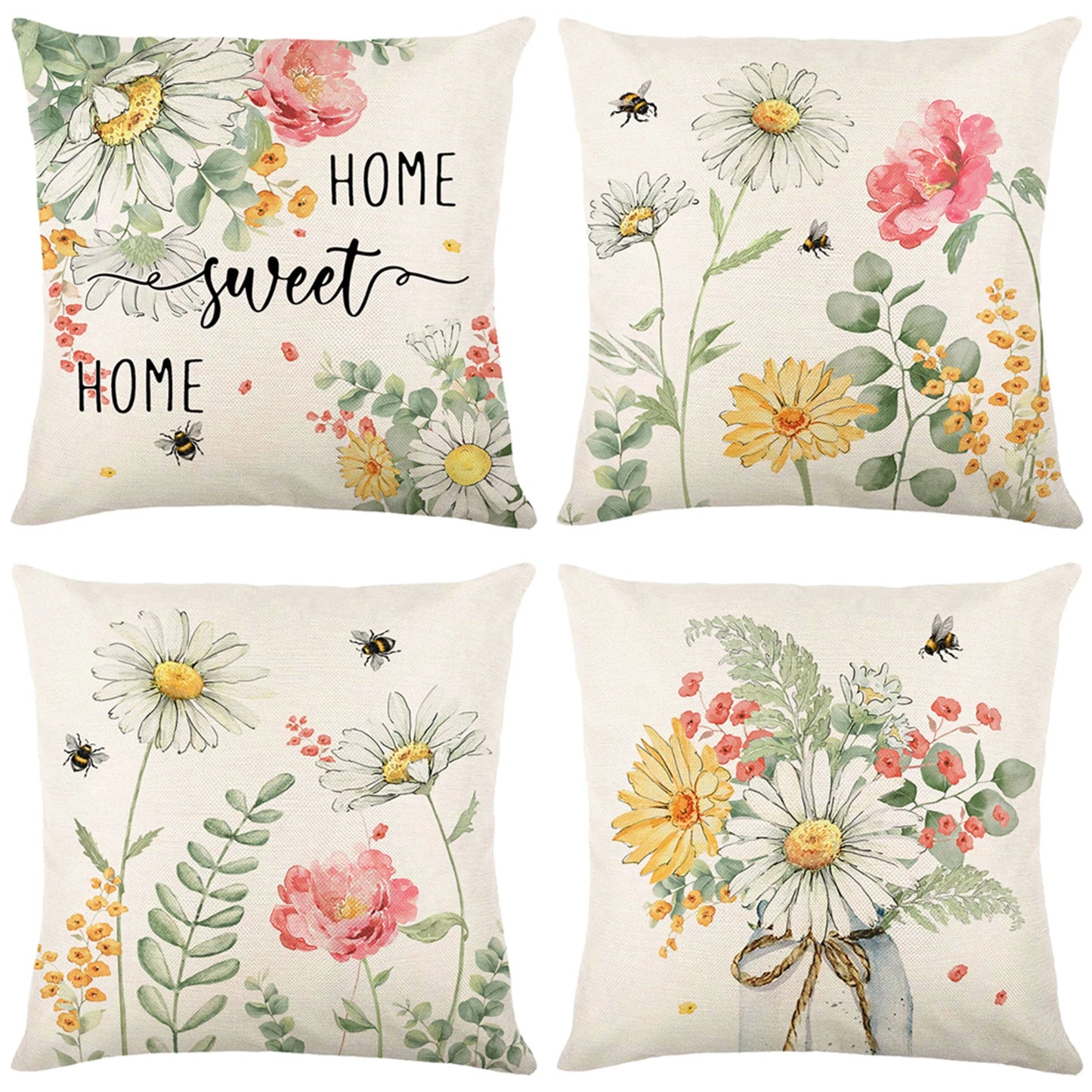 4Pcs Floral Throw Pillow Cases Square Linen Waist Protection Cushion Cover Bed Sofa Pillow Covers Home Decor Pillowcases 45x45CM
