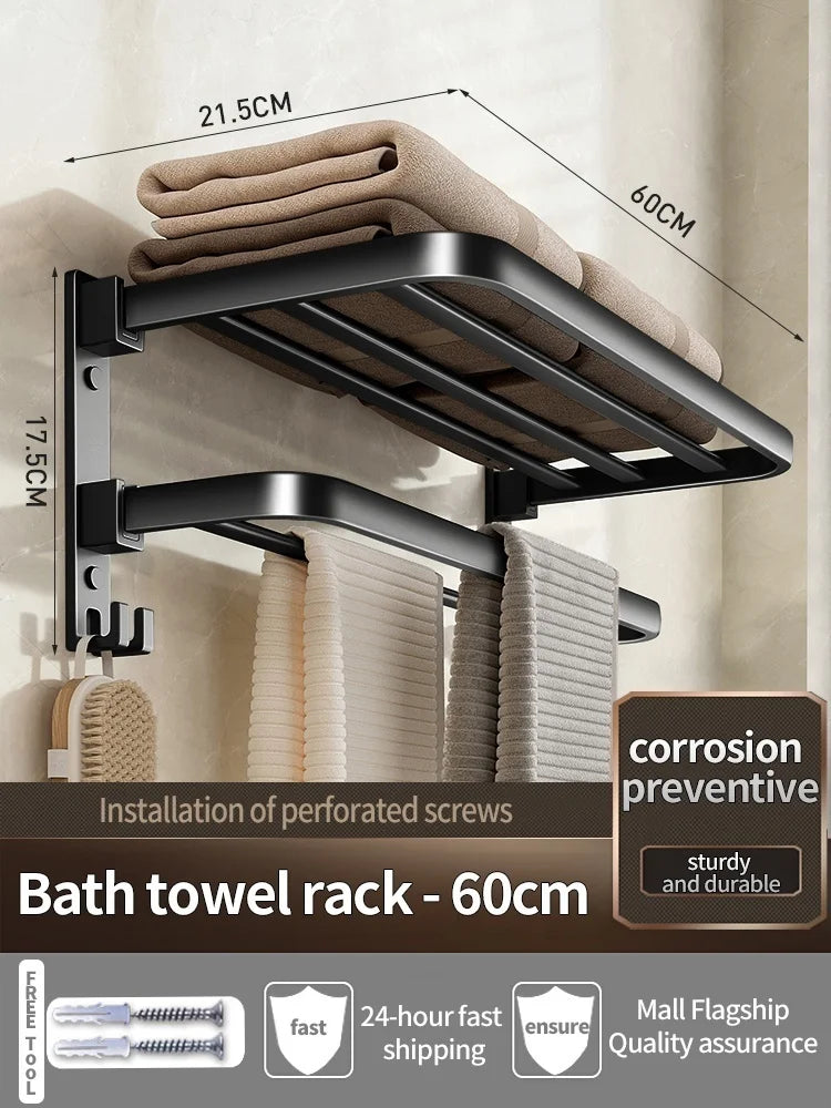 Upgrade And Thicken Grey/Black 50CM-60CM Folding Aluminum Towel Rack Holder With Hook Towel Holder
