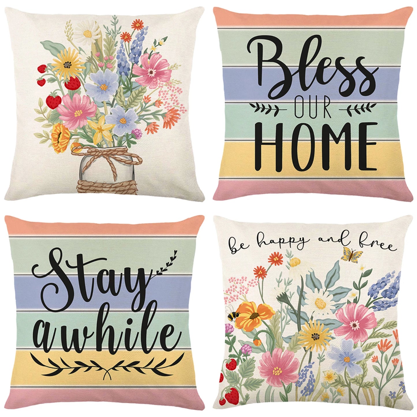 4Pcs Floral Throw Pillow Cases Square Linen Waist Protection Cushion Cover Bed Sofa Pillow Covers Home Decor Pillowcases 45x45CM