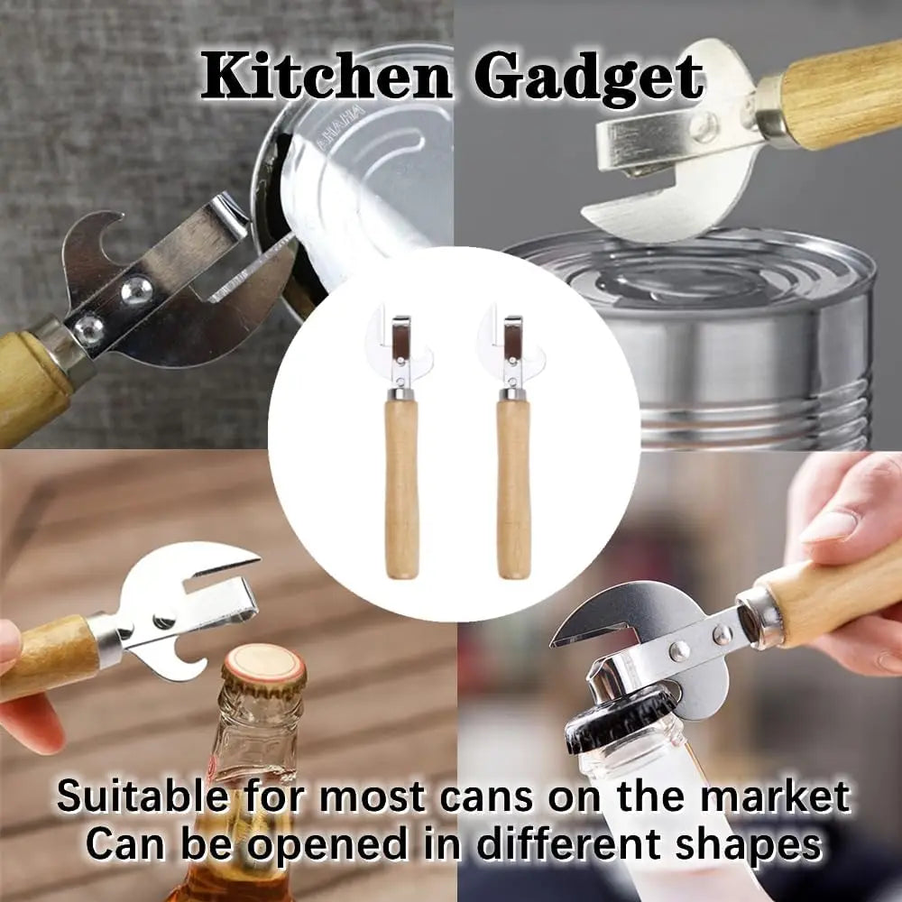 Can Opener, Multifunctional Bottle Opener, Stainless Steel Wooden Handle Can Opener, Suitable for Cans, Screwdrivers, Evaporated Milk Iron Cans, Beer Bottles and Other Cans