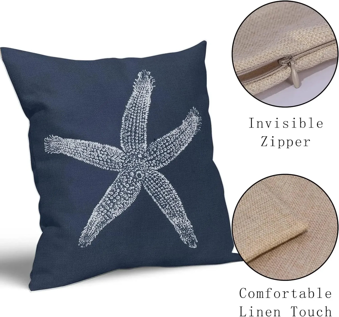 2 Pcs Navy Blue Starfish Pillow Covers 18X18 Inch Coastal Beachy Nautical Beach Decorative Pillowcases Linen Square Cushion Case