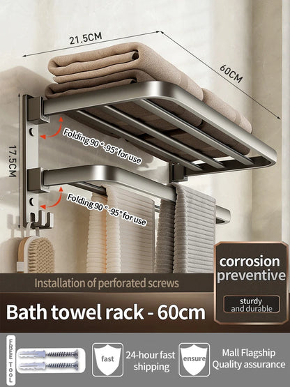 Upgrade And Thicken Grey/Black 50CM-60CM Folding Aluminum Towel Rack Holder With Hook Towel Holder