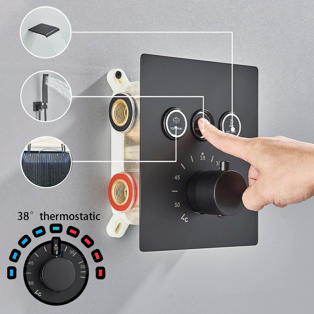 Ceiling  Shower Faucet Big Rainfall LED Shower Head Concealed Shower System Black Embedded Shower