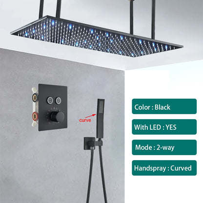 Ceiling  Shower Faucet Big Rainfall LED Shower Head Concealed Shower System Black Embedded Shower
