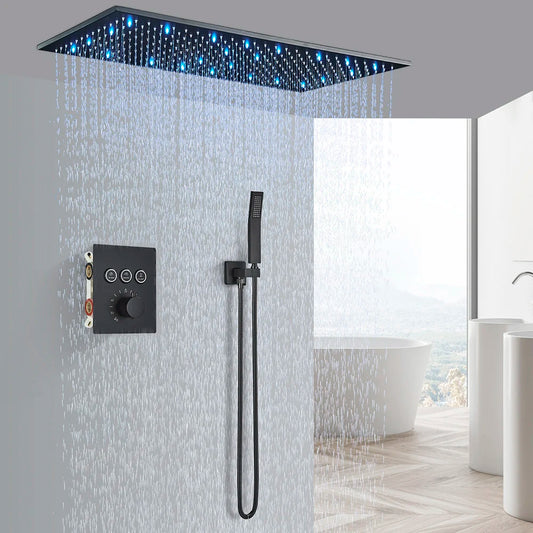 Ceiling  Shower Faucet Big Rainfall LED Shower Head Concealed Shower System Black Embedded Shower