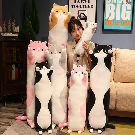 Cute Long Strip Cat Stuffed Body Pillow Cartoon Cat Plush Cushion Kawai Sofa Bedroom Throw Pillow Home Decoration Creative Gifts