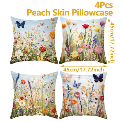 4pcs 45x45cm Summer Sunflower Butterfly Pillow Case Summer Flower Cushion Cover For Family Home Sofa Summer Decoration