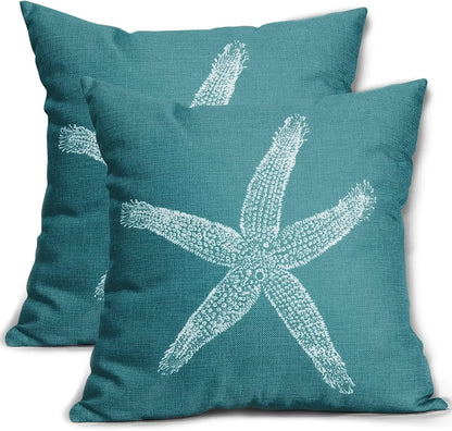 2 Pcs Navy Blue Starfish Pillow Covers 18X18 Inch Coastal Beachy Nautical Beach Decorative Pillowcases Linen Square Cushion Case