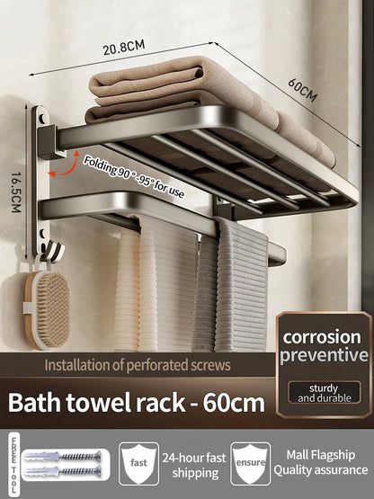 Upgrade And Thicken Grey/Black 50CM-60CM Folding Aluminum Towel Rack Holder With Hook Towel Holder