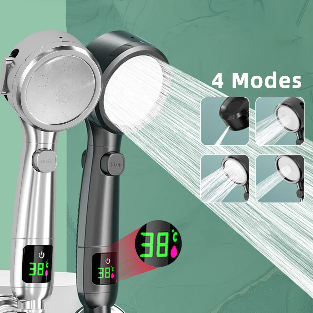 High Pressure Handheld Bathroom Shower Head Water Saving Showerhead Pressurized Adjustable Spray LED Digital Temperature Display