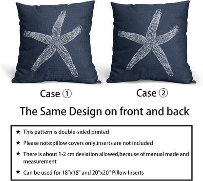 2 Pcs Navy Blue Starfish Pillow Covers 18X18 Inch Coastal Beachy Nautical Beach Decorative Pillowcases Linen Square Cushion Case