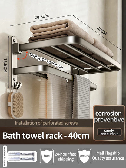 Upgrade And Thicken Grey/Black 50CM-60CM Folding Aluminum Towel Rack Holder With Hook Towel Holder