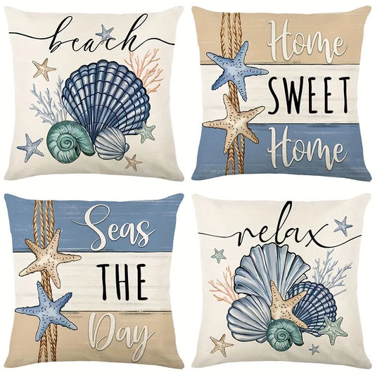 1/4pc Vibrant Summer Starfish and Shell Cushion Cover Linen Fabrics Throw Pillow Covers Home Living Room Sofa Party Decorative