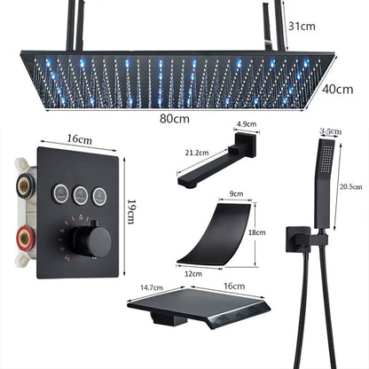 Ceiling  Shower Faucet Big Rainfall LED Shower Head Concealed Shower System Black Embedded Shower