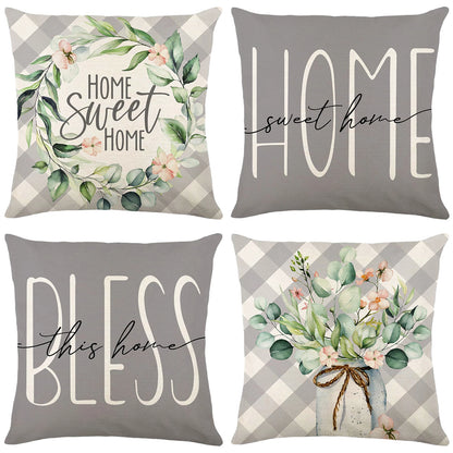 4Pcs Floral Throw Pillow Cases Square Linen Waist Protection Cushion Cover Bed Sofa Pillow Covers Home Decor Pillowcases 45x45CM