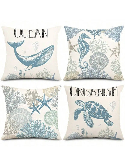 Beach themed marine shell coral starfish, single-sided burlap print pillow case, sofa decorative pillow case