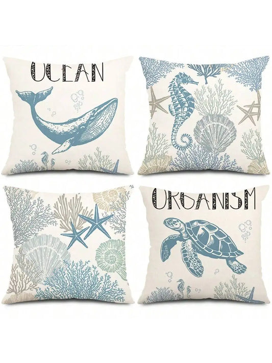 Beach themed marine shell coral starfish, single-sided burlap print pillow case, sofa decorative pillow case