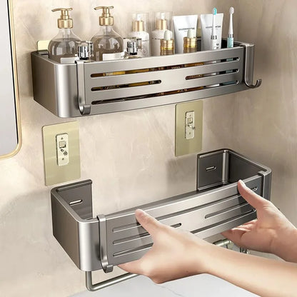 Space Aluminum Bathroom Shelf Self Adhesive Wall Mount Shower Rack No Drill Shampoo Hanger Bath Room Makeup Basket Storage Caddy