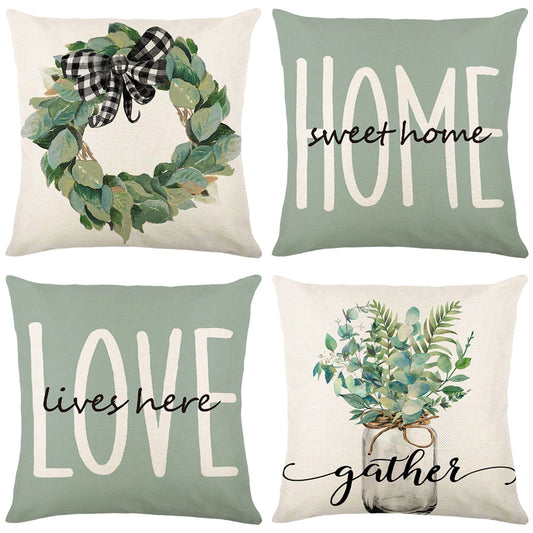 4Pcs Floral Throw Pillow Cases Square Linen Waist Protection Cushion Cover Bed Sofa Pillow Covers Home Decor Pillowcases 45x45CM